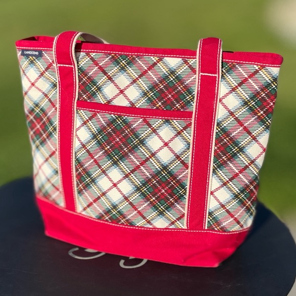 Adorable red, cream, and green Lands End large tote - Picture 8 of 11